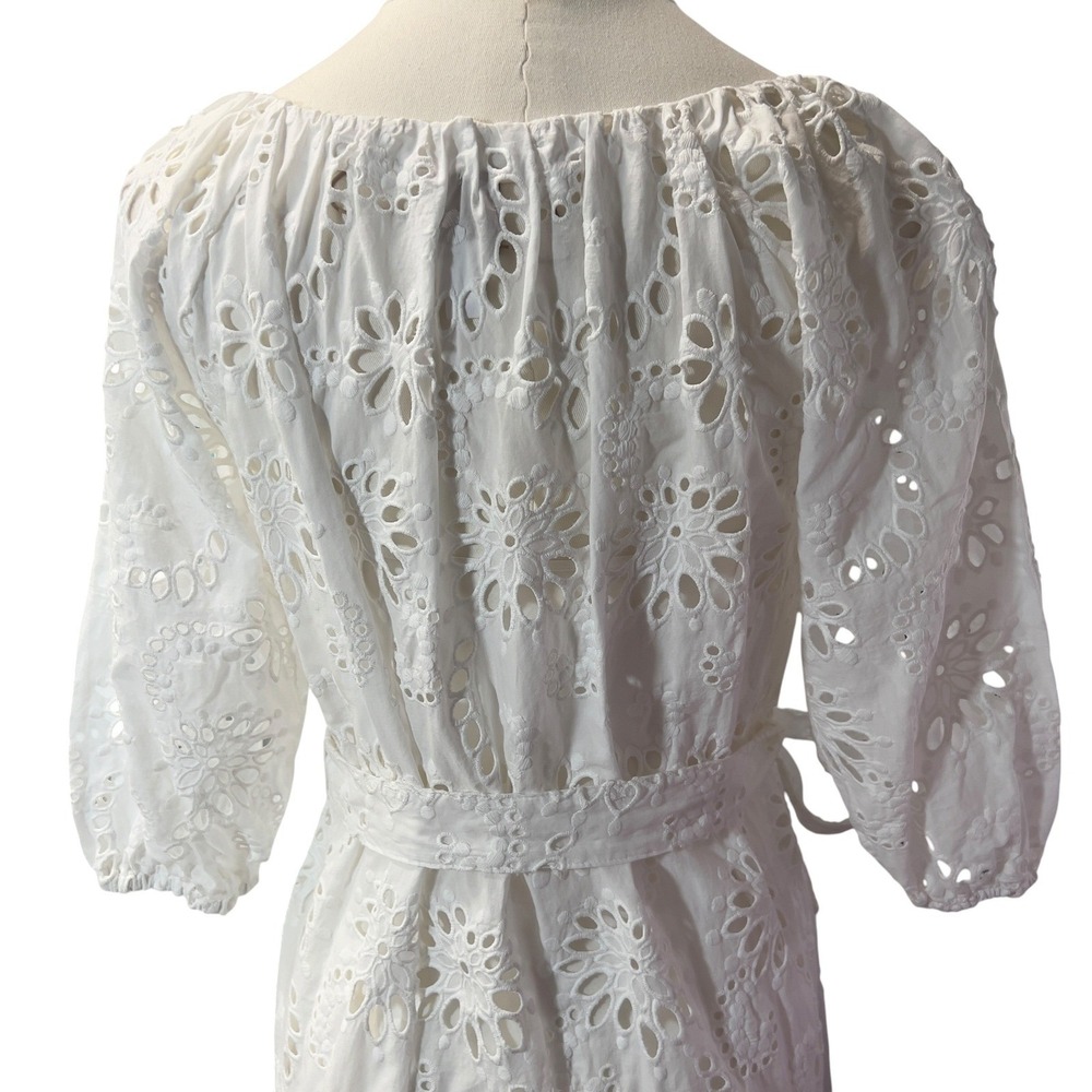 BOSS Dolara Crisp White Cotton Floral Eyelet Belt Midi Dress Slip Lining Size 0 - Picture 9 of 13